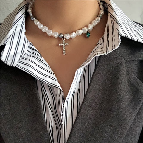 2022 Hip Hop Multi-layer Imitation Irregular Pearls Cross Chain Metal Beads Line  Chain Necklace for Women Jewelry ► Photo 1/6