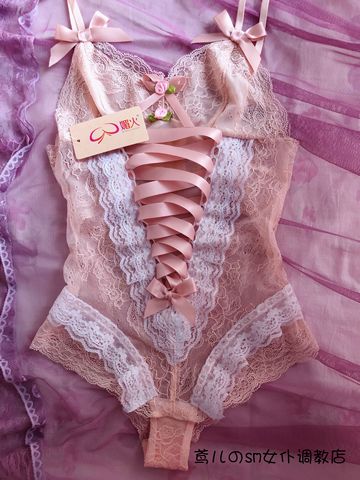 Cute Sweet Women Sexy Nightwear Floral Bow Lace Open Crotch Bodysuit Lingerie Pink Sleeveless V Neck Sleepwear Lingerie Teddy ► Photo 1/5