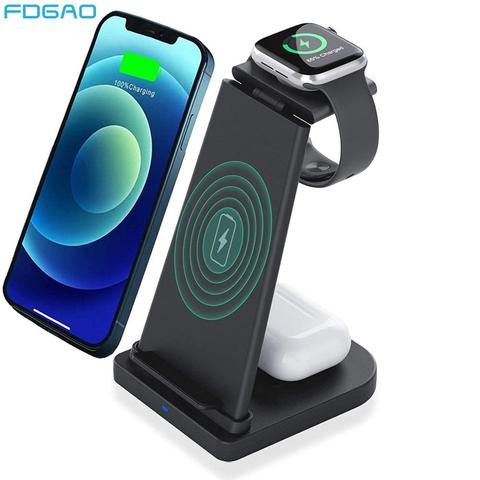 3 In 1 Wireless Charger For iPhone 12 11 XS XR X 8 Airpods Pro iWatch 6 SE 5 4 3 15W Fast QI Charging Stand for Samsung S20 S10 ► Photo 1/6