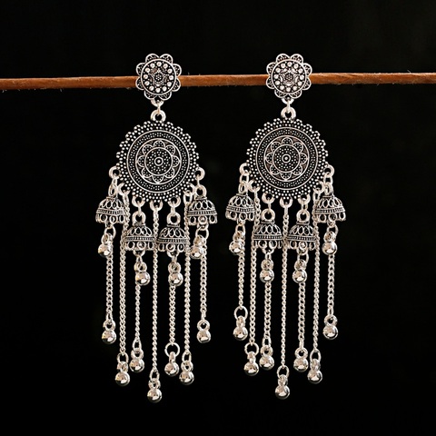 Women's Ethnic Long Tassel Earrings Retro Round Indian Jhumka Earrings Classic Vintage Bell Wedding Jewelry Bijoux ► Photo 1/6