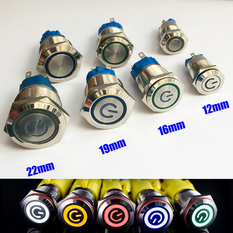 12/16/19/22mm Waterproof Metal Push Button Switch LED Light Momentary Latching Car Engine Power Switch 5V 12V 24V 220V Red Blue ► Photo 1/6