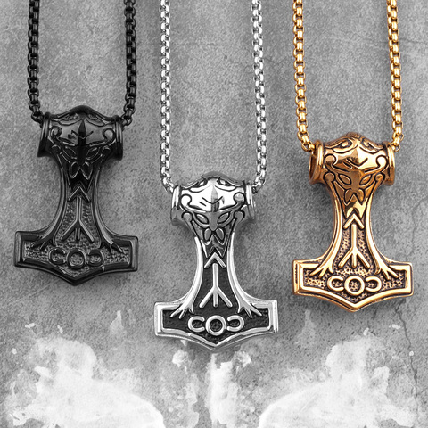 Stainless Steel Black Gold Thor's Hammer Men Necklaces Pendants Chain Punk for Boyfriend Male Jewelry Creativity Gift Wholesale ► Photo 1/6