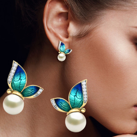 Modern Women Earrings 2022 Fashion Oil Painted Butterfly Design Rhinestone Pearl Stud Earrings For Women Accessories Jewelry ► Photo 1/5