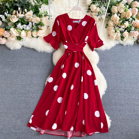 YuooMuoo 2022 Vintage Big Polka Dot Print V Neck Bandage Dress Casual Summer Midi Party Dress Women Elegant Big Swing Dress Red ► Photo 1/6
