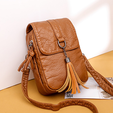 Mini Soft Leather Crossbody Bags for Women High Quality Solid Color Tassel Shoulder Bag Retro Cell Phone Purse Handbags ► Photo 1/6