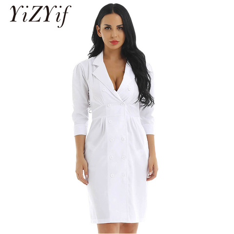 Women Scrub Uniforms Cosplay Costume Lapel Collar 3/4 Sleeve Scrub Lab Uniform Dress ► Photo 1/6