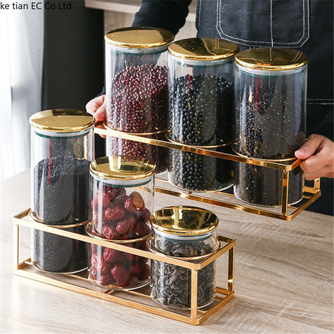 New Single Kitchen Airtight Jar Candy Glass Jar Three-piece Storage Tank for Whole Grains with Lid Kitchen Storage Box with Rack ► Photo 1/5