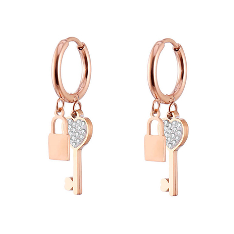 Luxury Stainless Steel Key With Lock Earrings Rose Gold Crystal Heart Tassel Ear Clip Hoop Korean Jewelry Friendship Best Gifts ► Photo 1/6