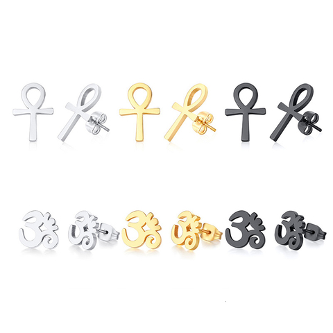 Vnox 1 Piece Ankh Cross Stud Earrings for Men Women Punk Simple Stainless Steel AUM OM Prayer Ear Jewelry ► Photo 1/6