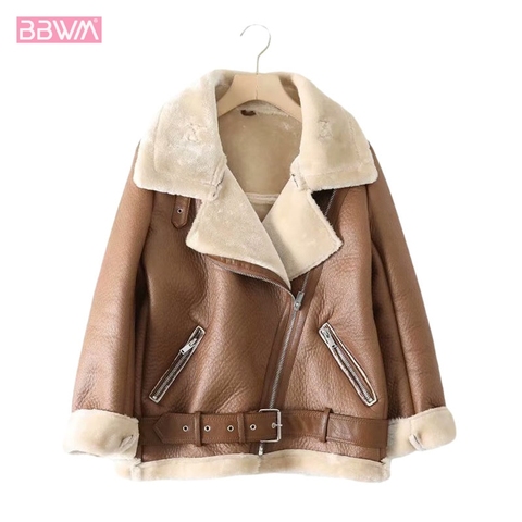 Faux Leather Lapel with Belt Thick Warm Women's Jacket Coat Vintage Fur Beige Oversized Zipper Tops Chic Female ► Photo 1/6