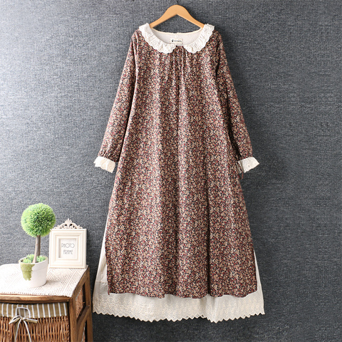 Lamtrip quality Vintage Japanese style  lace peter pan collar  long  sleeve rustic flowers print cotton layers dress ► Photo 1/3