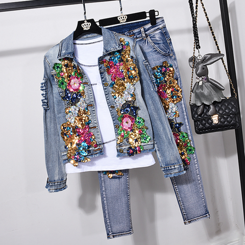 European Style Denim Suit Fashion Outfit Women New Flower Sequined Denim Jacket Short Jacket & Jeans Pants Two-Piece Set Female ► Photo 1/6