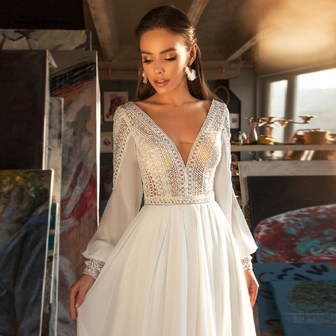 Lakshmigown Puffy Long Sleeve Dress Women Boho Wedding Dresses 2022 Vestido Sexy Bridal Wedding Gown V-Neck Backless Lace Bodice ► Photo 1/5