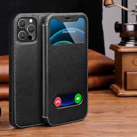 Genuine Leather Case For Iphone 12 Pro Case For 12Pro Max Cover Window View Etui Coque For Iphone 12 Mini Cases Magnetic Fundas ► Photo 1/6