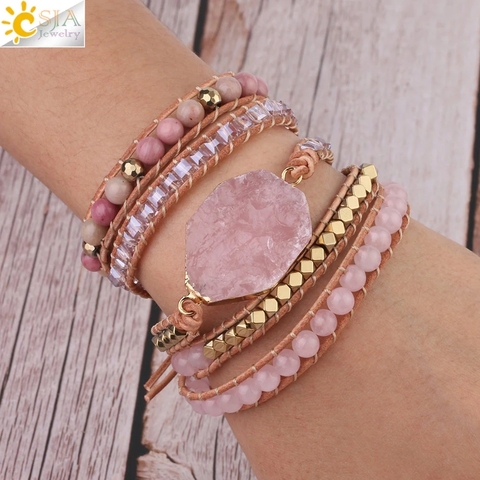 CSJA Natural Stone Bracelet Pink Quartz Leather Wrap Bracelets for Women Rose Gems Crystal Beads Bohemia  Jewelry 5 Strand S308 ► Photo 1/6