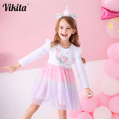 VIKITA Kids Girls Children Clothes Long Sleeve Cartoon Mermaid Princess Dress Autumn Winter Girls Princess Dress Kids Clothing ► Photo 1/6