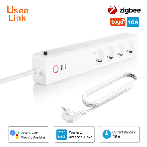 ZigBee Smart Power Strip 16A EU/UK,UseeLink Smart Power Bar Multiple Outlet Extension Cord with 2 USB and 4 AC Plugs by Tuya ► Photo 1/6