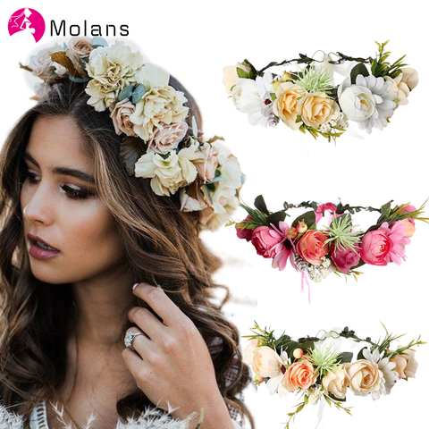 Molans 2022 Spring Bohemian Flower Crowns Beach Hawaii Floral Garland Romantic Faux Rose Wedding Wreaths New Flower Headband ► Photo 1/6