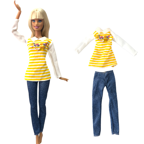 NK 1x Doll Clothes Fashion Long-sleeved YELLOW Shirt Daily Wear Jeans for Barbie Doll Accessories Lovely Girl Kid Toy 278K2 7X ► Photo 1/5