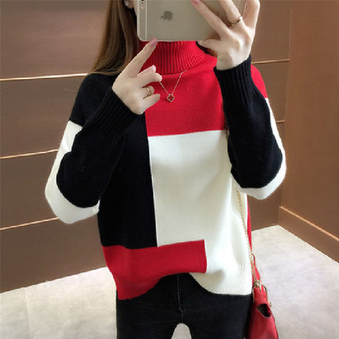 Lucyever Patchwork Women Pullover Sweater Autumn Loose O Neck Long Sleeve Knitted Thick Korean Fashion Female Jumper Sweater Top ► Photo 1/6