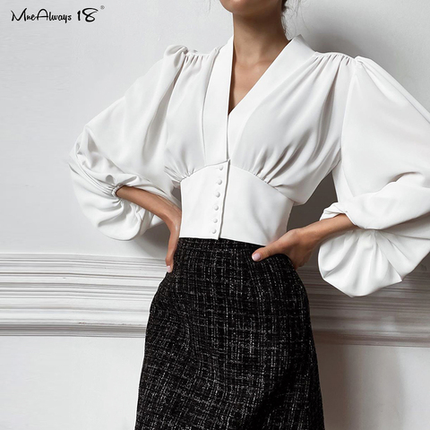 Mnealways18 Lantern Sleeve Womens Blouses And Tops Vintage Autumn Red Female Shirt V-Neck Elegant Breasted Draped Blouse Winter ► Photo 1/6