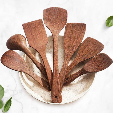 8pcs Thailand Teak Natural Wood Tableware Spoon Frying Pan Scoop Cooking Utensils Fried Shovel Spatula Kitchen Cooking Tool ► Photo 1/6