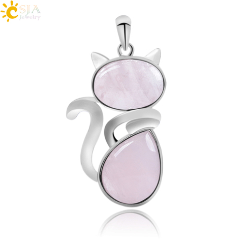 CSJA Chakra Natural Stone Pendant Cute Cat Pendants Suspension for Girl Green Aventurine Pink Crystal Cat Wisiorek Jewelry F072 ► Photo 1/6