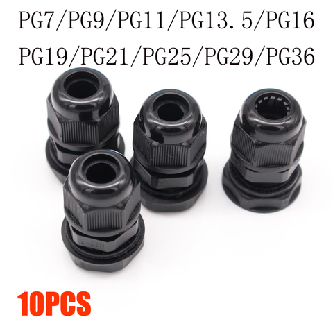 10pcs IP68 PG7 for 3-6.5mm PG9 PG11 PG13.5 PG16 PG19 Wire Cable CE Black Waterproof Nylon Plastic Cable Gland Connector ► Photo 1/6