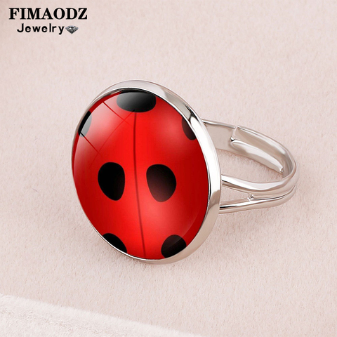 FIMAODZ Red Ladybird Insect Ring Cat Paw Glass Cabochon Adjustable Rings For Girls Kids Cartoon Animal Jewelry ► Photo 1/4