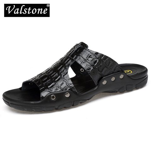 Valstone XL sizes 52 Split Leather Slippers for Men summer Hot sale slides Sandals Beach shoes flip flops hombres sandalia Black ► Photo 1/6
