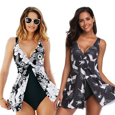 2022 New Plus Size XXXL One Piece Swimsuit With Skirt Sexy Deep V Print  Bird Vintage Big Swimwear Beach Large 5XL Bathing Suit - Price history &  Review