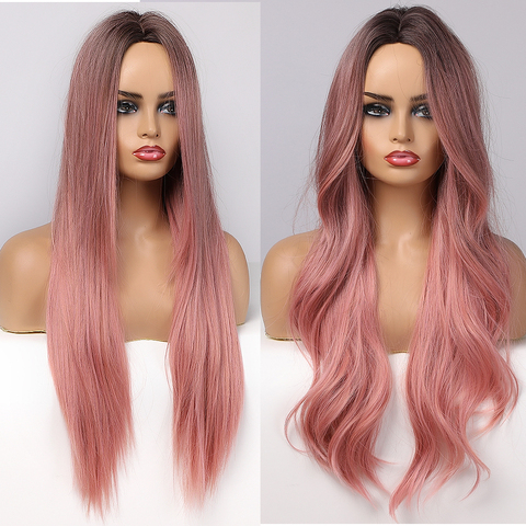 ALAN EATON Long Wavy Synthetic Wigs Ombre Black Pink Wigs for Women Cosplay Natural Middle Part Hair Wig High Temperature Fiber ► Photo 1/6