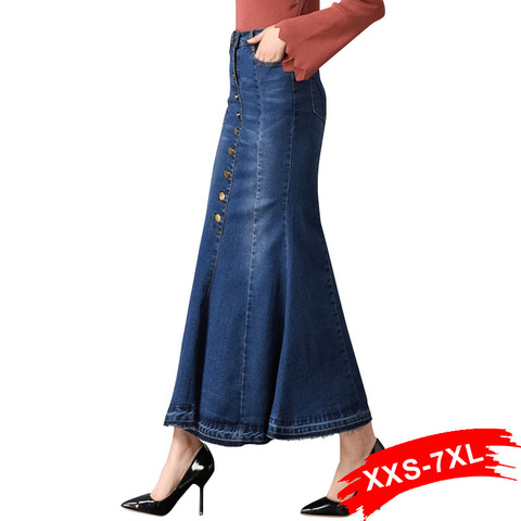 Plus Size Flare Denim Long Skirts Button Up 4Xl 6Xl 7Xl Women Oversized Sexy Lady'S Bodycon Ankle Length Long Jeans Skirts ► Photo 1/6