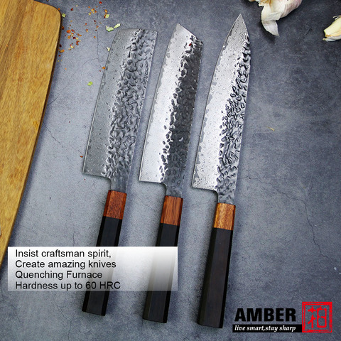 AMBER VG10 Damascus Steel Consolidated Bamboo Handle Forge Hammer Damascus Knife 8 inch Japanese Nakiri Chef knife 67 layers ► Photo 1/6