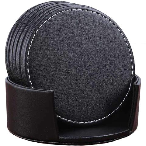 Set of 6 Leather Drink Coasters Round Cup Mat Pad for Home and Kitchen Use Black ► Photo 1/6