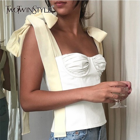 TWOTWINSTYLE White Crop Tops Female Sleeveless Bandage Short Strap Vest For Women Vintage Fashion Korean 2022 Summer Tide ► Photo 1/6
