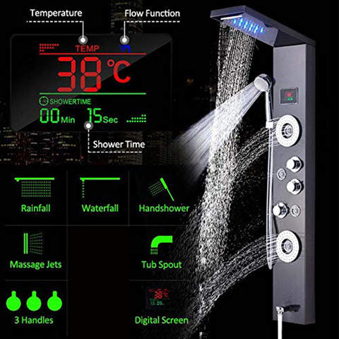 Luxury Black/Brushed Bathroom LED Shower Panel Tower System Wall Mounted Mixer Tap Hand Shower SPA Massage Temperature Screen ► Photo 1/6