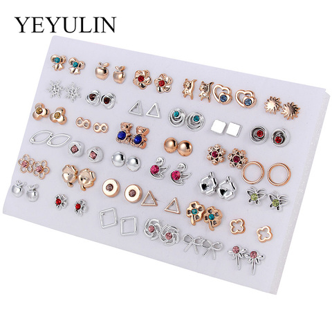 36 Pairs Gold & Silver Color Rhinestone Hollow Flower Cute Bear Animals Mix Style Plastic Stud Earrings Set For Women Girls ► Photo 1/6
