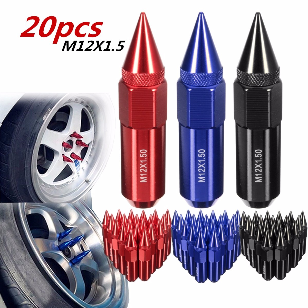 M12X1.5/M12X1.25 Spiked Aluminum Extended Tuner Wheels Rims Lug Nuts