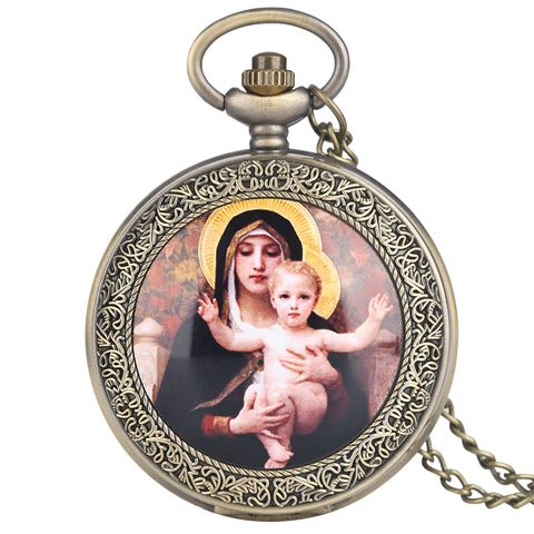 Silver/ Bronze Necklace Clock Virgin Mary & Jesus Theme Quartz Pocket Watch Exquisite Pendant Chain for Men Women Dropshipping ► Photo 1/6