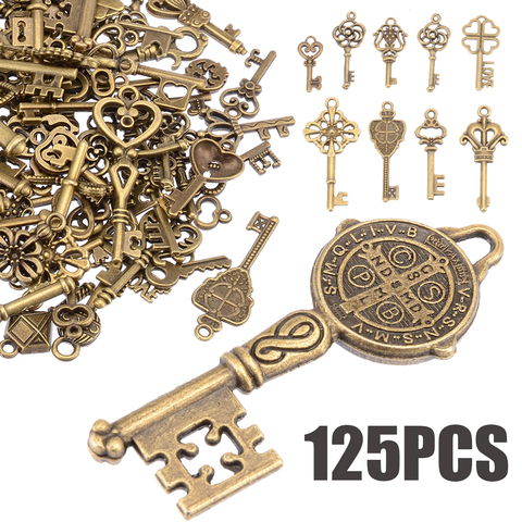 125PCs/Set Old Look Antique Vintage Bronze Ornate Skeleton Keys Lot Necklace Pendant Fancy Heart Decor DIY Necklace Craft Gifts ► Photo 1/6