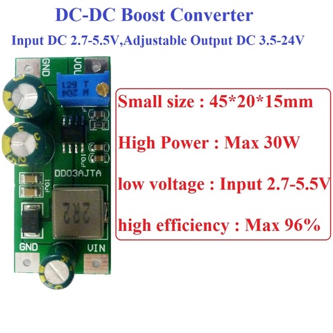 30W DC 3V 3.3V 3.7V to 5V 6V 7.5V 9V 10V 12V 14.8V 24V  Step-Up Boost Converter Board for 18650 lithium battery ► Photo 1/6
