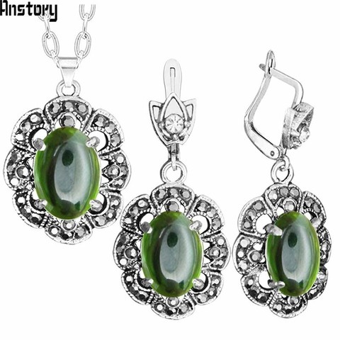 Transparent Green Crystal Necklace Earrings Jewelry Set Rhinestone Vintage Look Fashion Jewelry For Women TS405 ► Photo 1/6