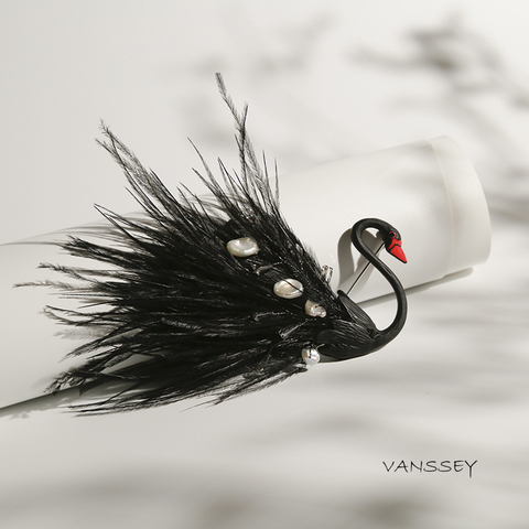 Vanssey Fashion Jewelry Handmade Bird Black Swan Natural Pearl Ostrich Feather Brooch Pins Accessories for Women 2022 New ► Photo 1/6