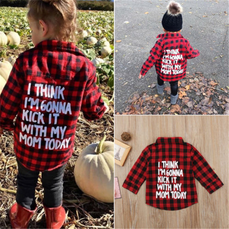 Unisex Toddler Kids Baby Girls Boys Red Printed Plaid Shirt Long Sleeve Tops Casual Clothes 