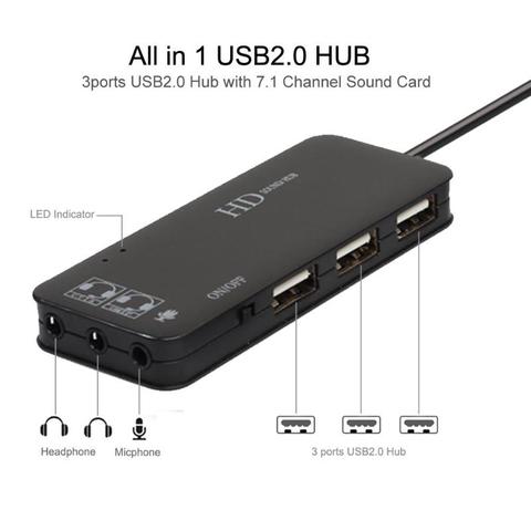 3 Port USB Hub with External 7.1 Channel Sound Card Headset Microphone Adapter USB Hub 2.0 for PC Laptop Computer ► Photo 1/6