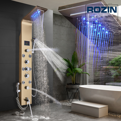 Golden Shower Panel Waterfall Rain Shower Column Wall Mounted LED Light Bathroom Shower System Swivel Massage Jet Bidet Sprayer ► Photo 1/6