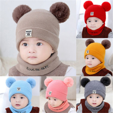 2 Pieces Baby Beanies Cap Set Baby Kid Solid Color Plush Ball Baby Girls Hat And Scarf Set Winter Warm Caps For Boys Newborn Hat ► Photo 1/6
