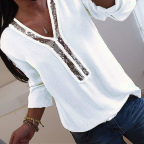 Plus Size Ladies Women Sequins Plus Size Office arrival Long Sleeve Top V Neck Casual Loose T-Shirt Tee Clubwear ► Photo 1/6