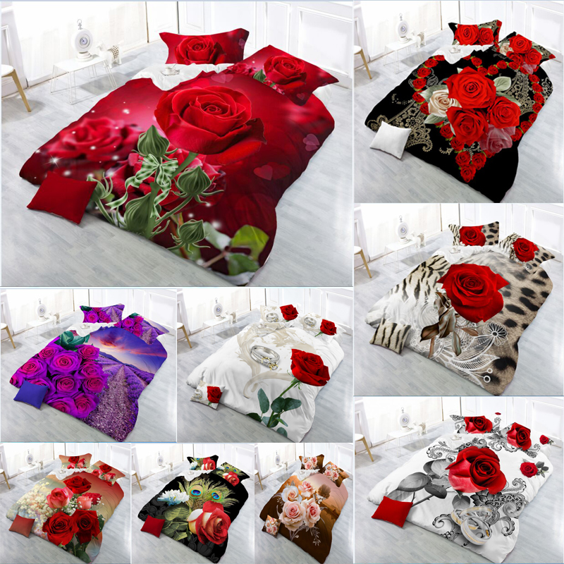 Bedding Set 3D Red Rose King Size Bed Sheet Duvet Cover Pillowcase Home Textile 